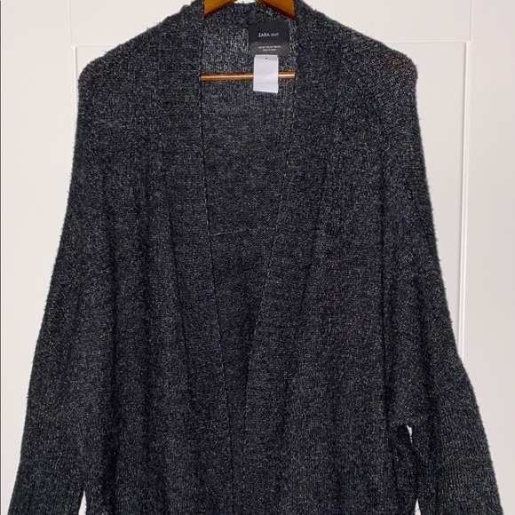 Zara Women Grey Drape Open Front Black Knit Sweater Cardigan Medium - Picture 4 of 8